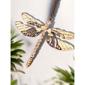 Vintage Dragonfly Necklace-Rhinestones & Light Green Enamel